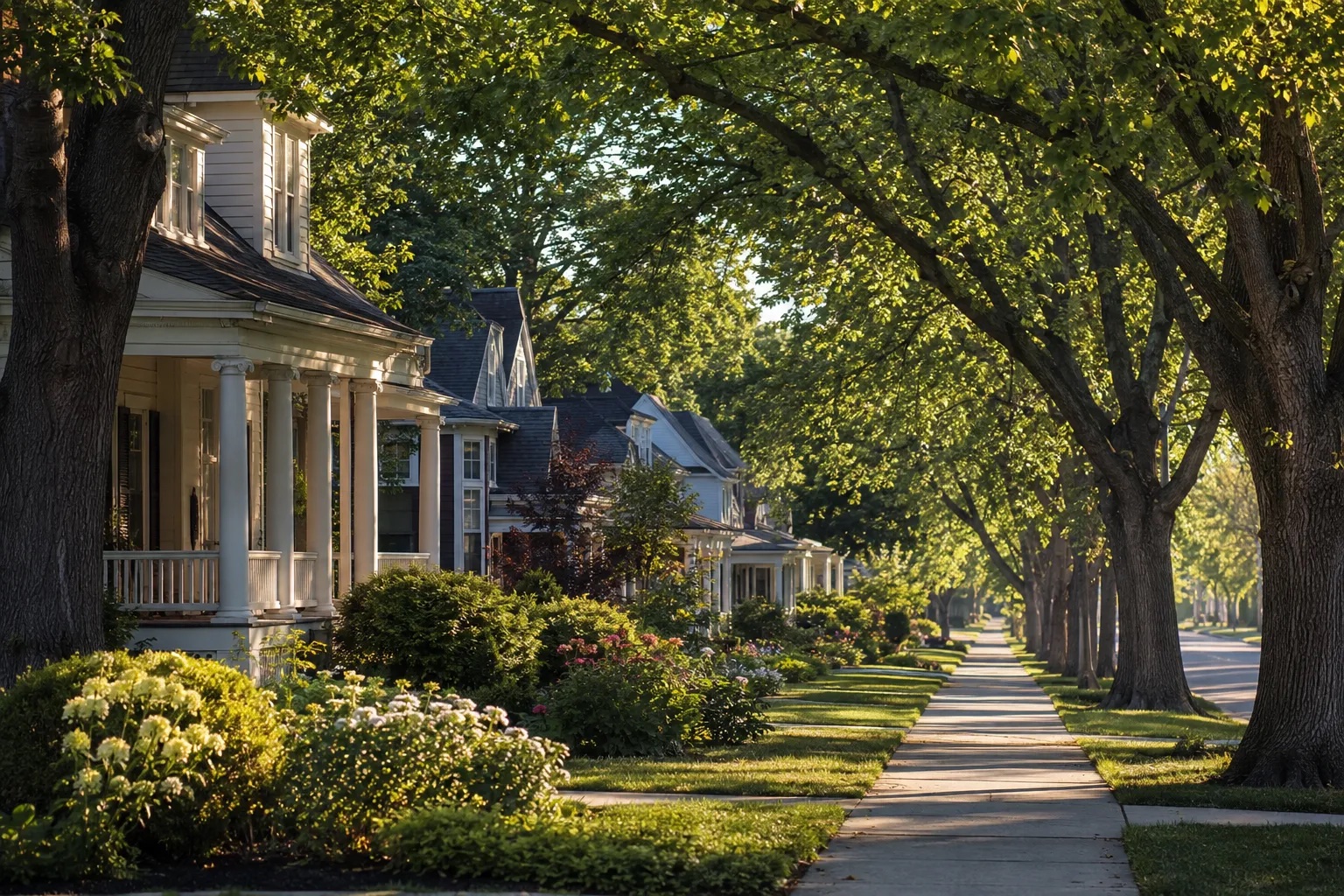 Tree-lined street of classic front porches