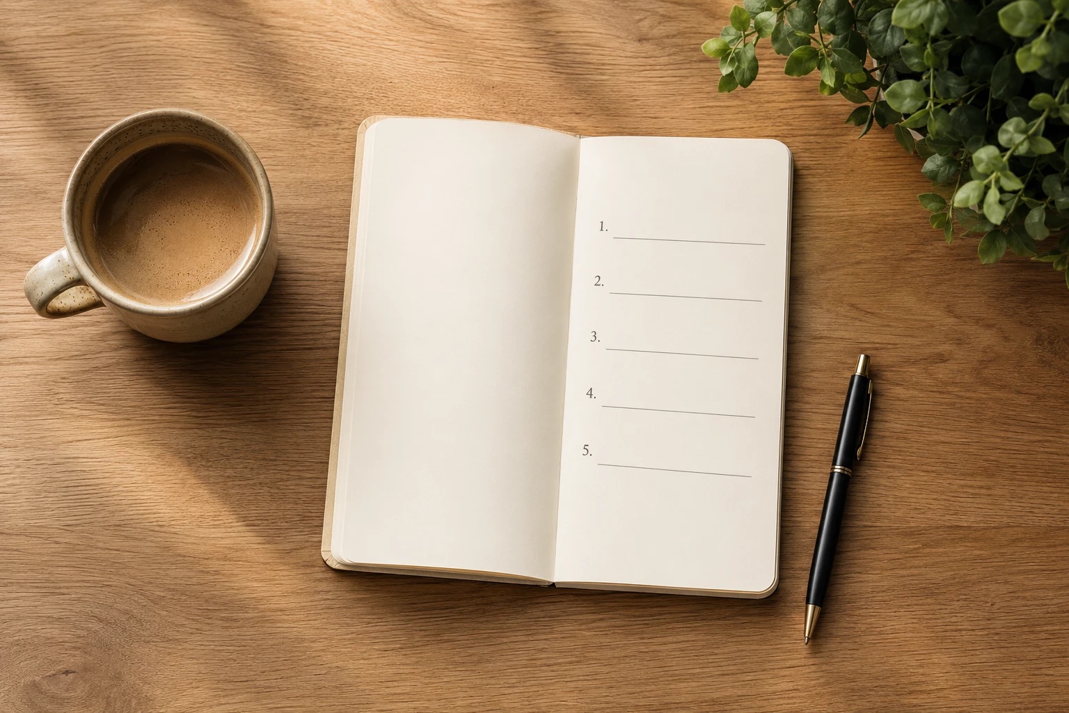 Notebook with a numbered checklist beside a coffee cup