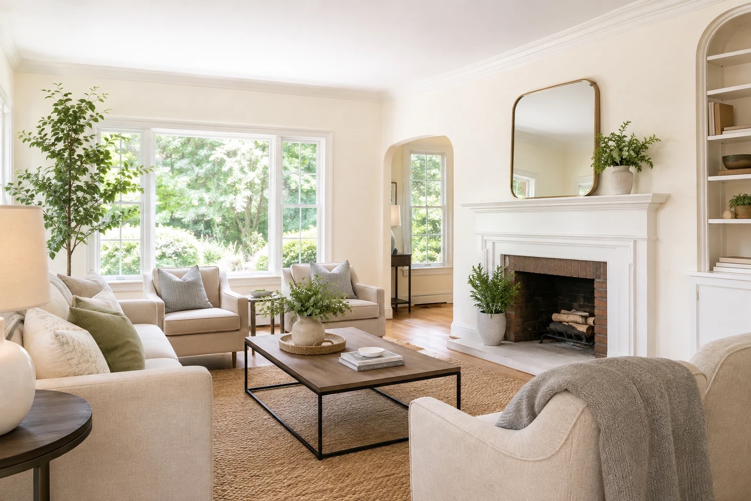 Bright staged living room with fireplace