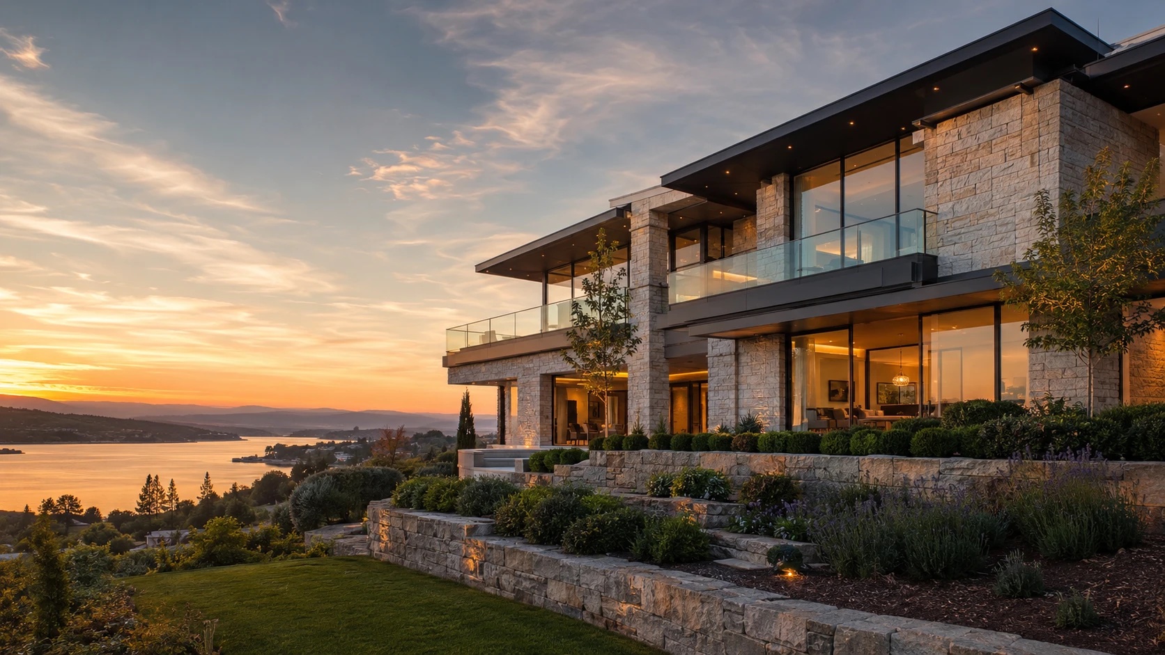 Modern limestone estate at golden hour